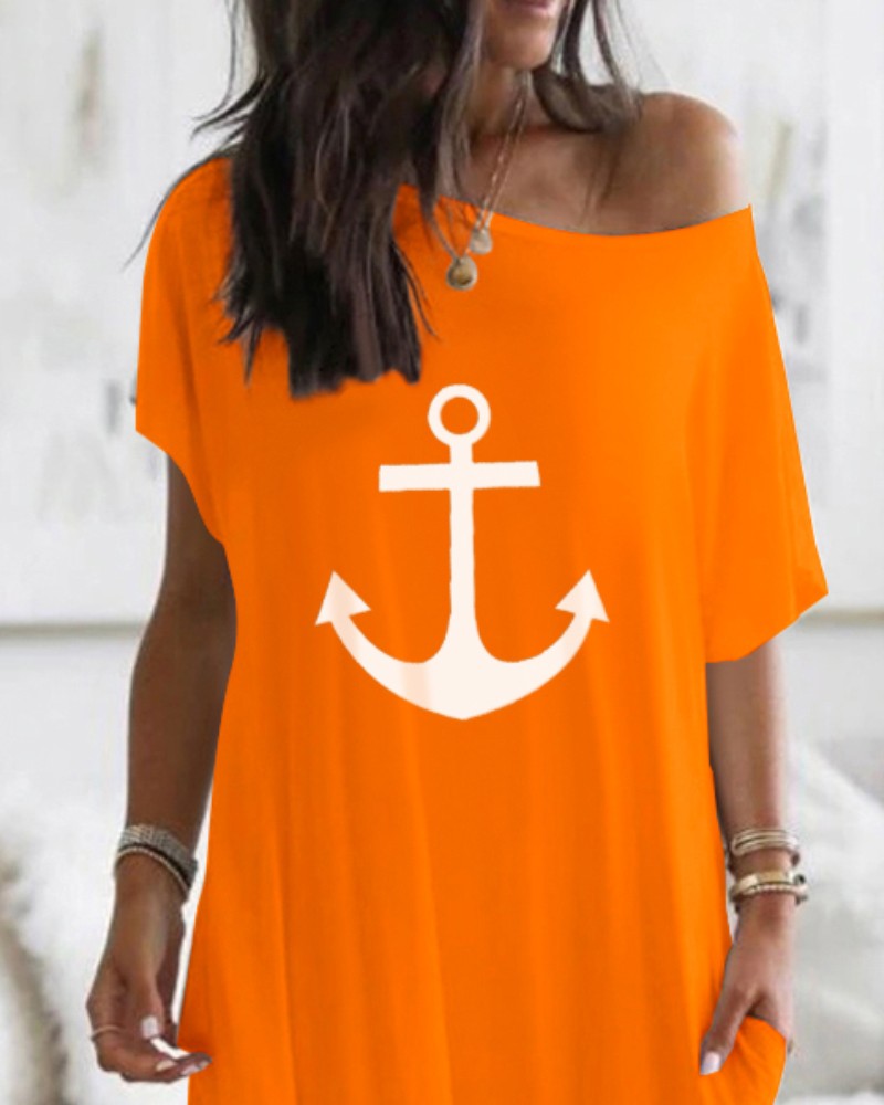 Anchor Print Cold Shoulder Short Sleeve Dress Casual Pocket Design Loose Fit Maxi Dress