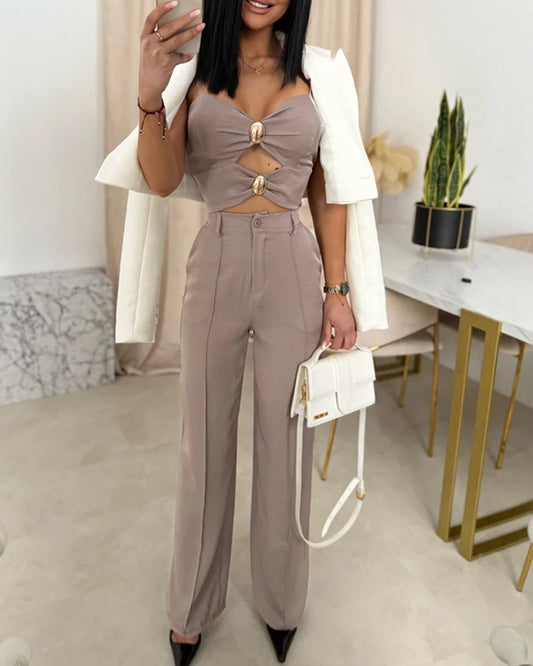2 Pieces Outfit Metal Button Decor Spaghetti Strap Shirred Top and Casual Business Wide Leg Pants Set