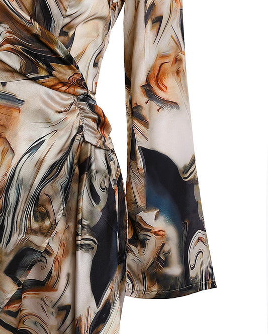 Marble Print Overlap V Neck Wrap Front Ruched Vacation Dress Casual Cinched Waist Zipper Back Mini Dress