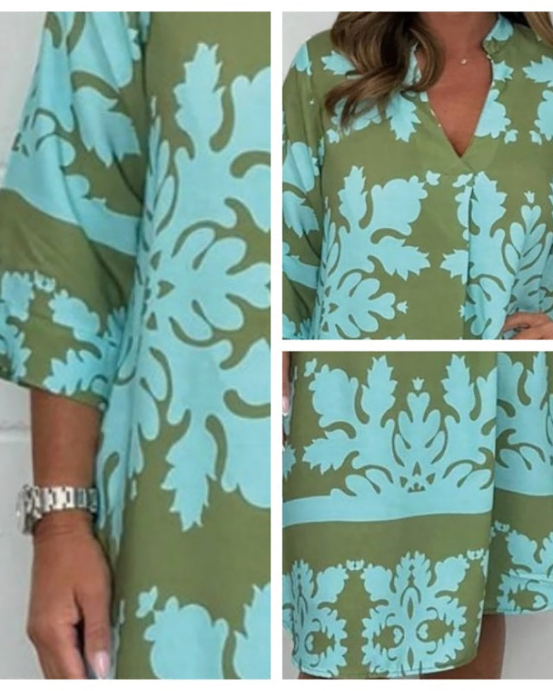 Plants Print Three Quarters Sleeve Stand Collar Dress Casual Loose Fit Midi Dress