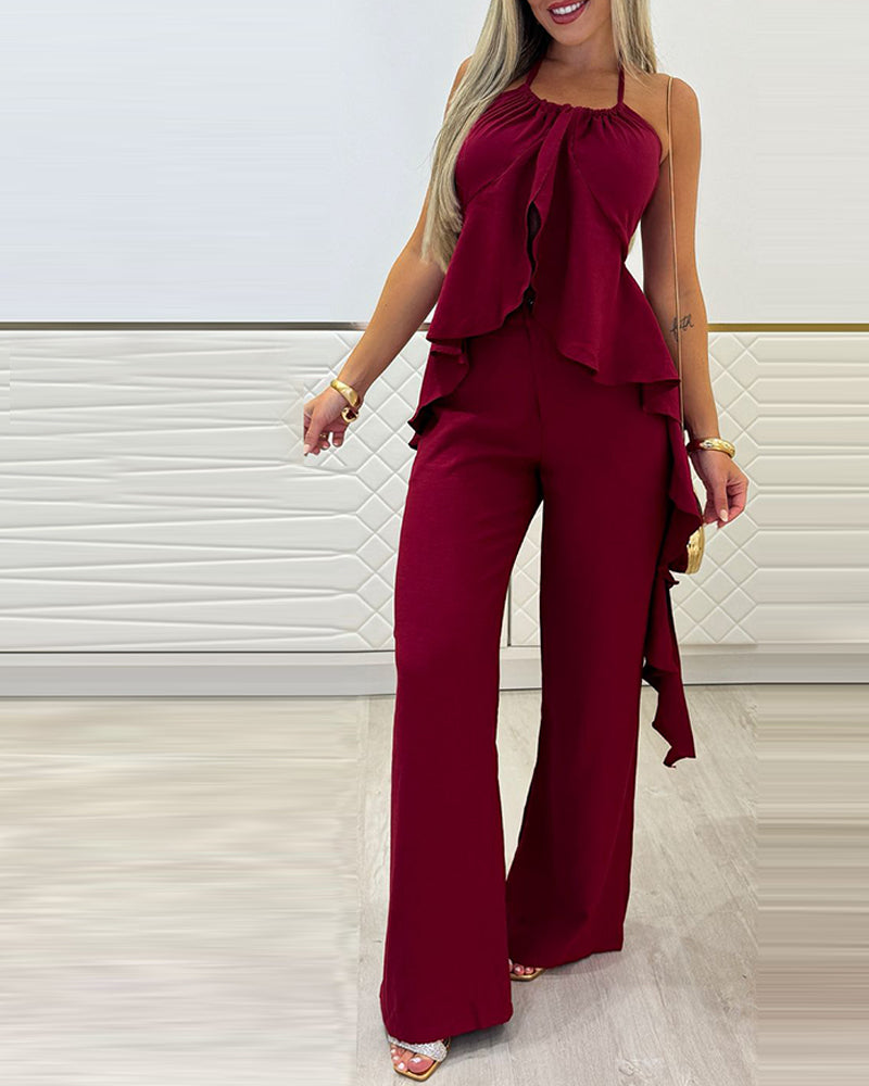 2 Pieces Outfit Halter Asymmetrical Ruffles Hem Backless Top and Casual Wide Leg Pants Set