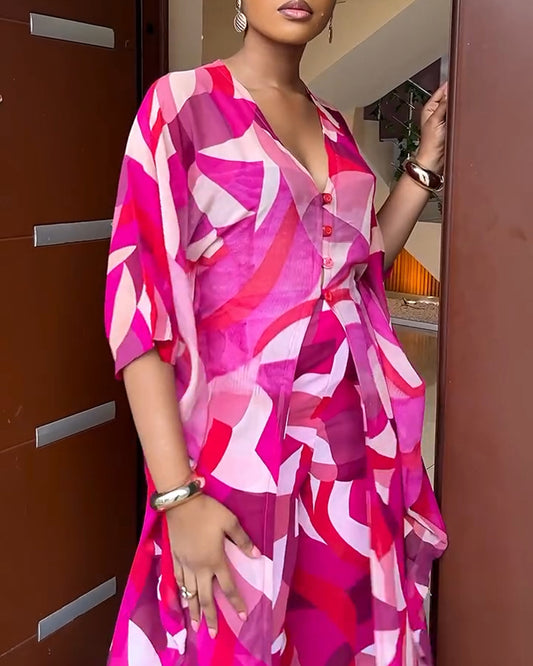 2 Pieces Outfit Colorblock Geometric Print Batwing Sleeve Cover Up and Casual Wide Leg Pants Set