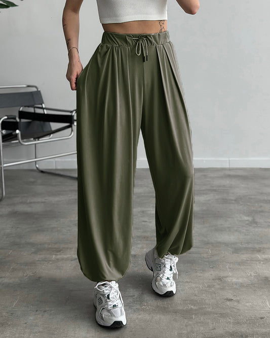 High Waist Elastic Dtrawstring Cuffed Pants Casual Loose Fit Ruched Pants