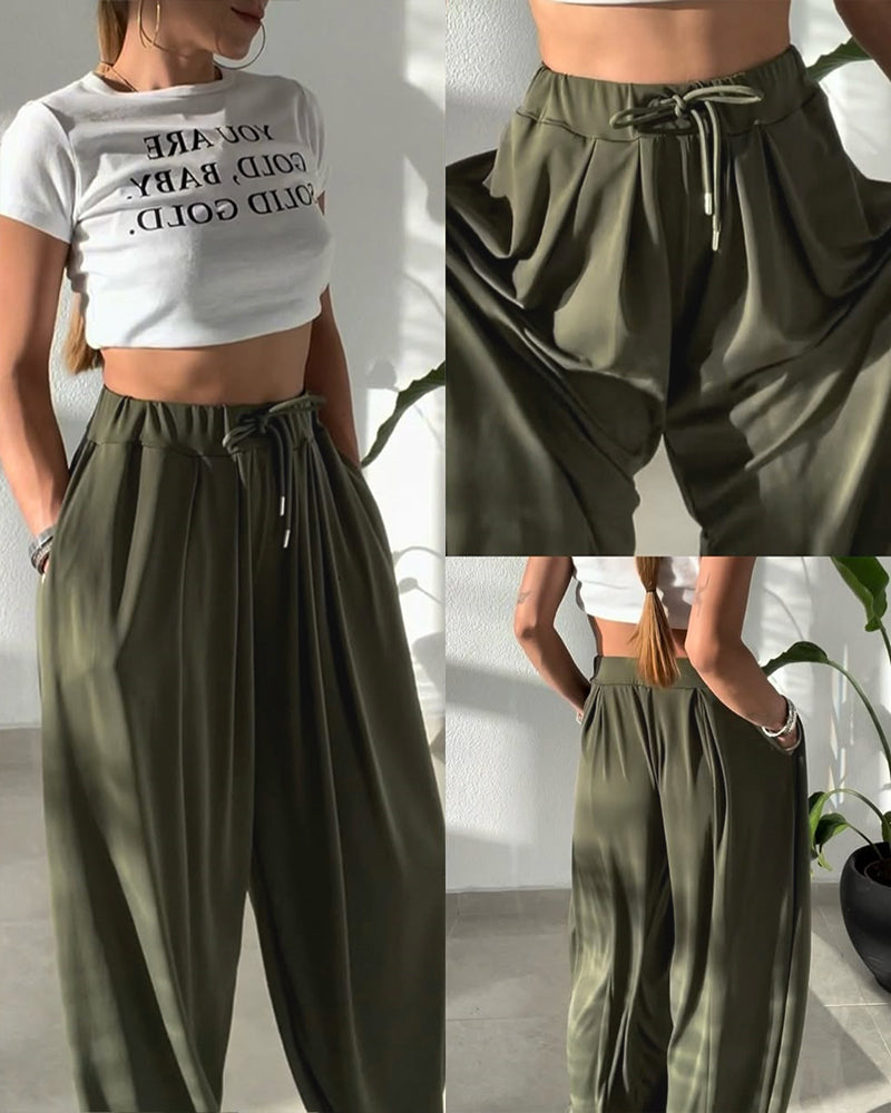 High Waist Elastic Dtrawstring Cuffed Pants Casual Loose Fit Ruched Pants