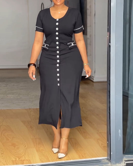 Colorblock Round Neck Short Sleeve Bodycon Dress Casual Button Decor Front Slit Dress with Pockets