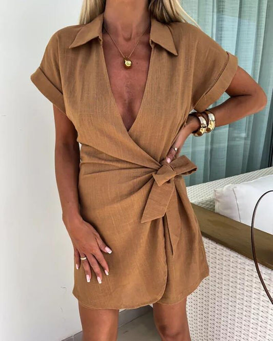 Tied Detail Ruched Turn down Collar Overlap Romper