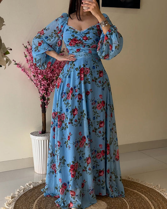 Floral Print Contrast Lace Lantern Sleeve Plunge V Neck Dress Casual Back Shirred A Line Flowy Maxi Dress