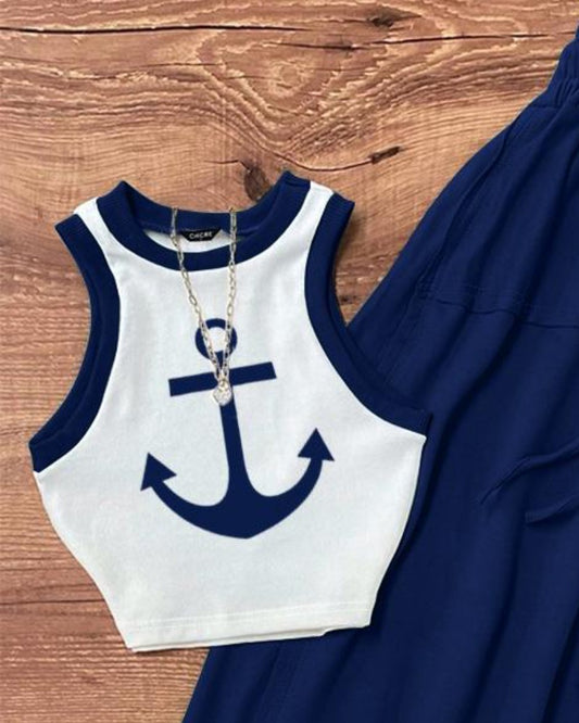 2 Pieces Contrast Paneled Anchor Print Sleeveless Tank Top and Drastring Strechy Waist Skirt Set
