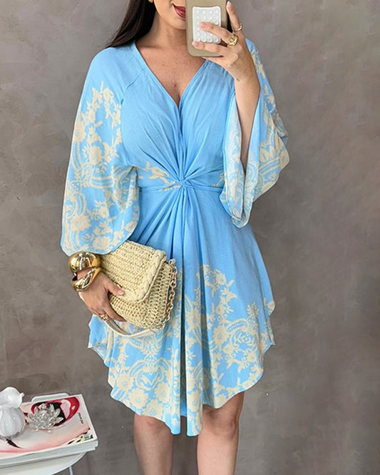 Floral Print V Neck Batwing Sleeve Waist Dress Casual Asymmetrical Hem Ruched Dress