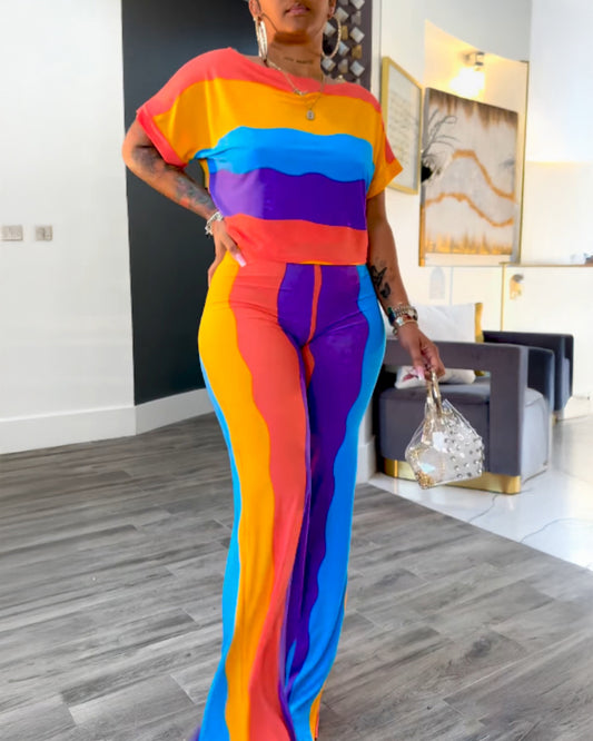 Rainbow Stripe Print Short Sleeve Top and Casual Striped Pants Set