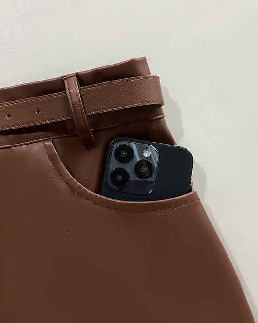 High Waist Casual Asymmetrical Slit Pu Mid Calf Dress with Metal Belt