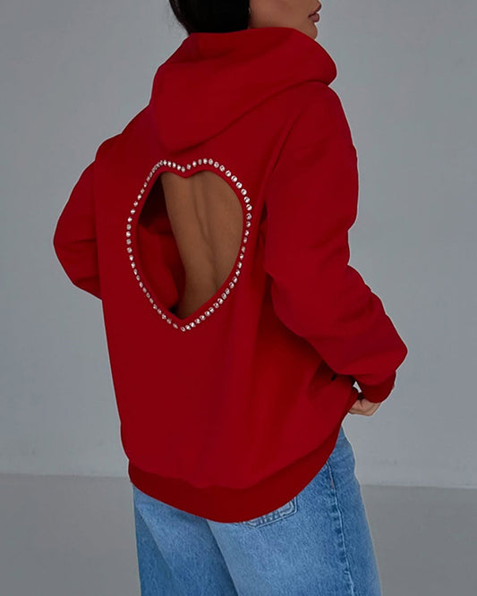 Hooded Long Sleeve Heart Rhinestone Hollow Out Sweatshirt Casual Loose Fit Top