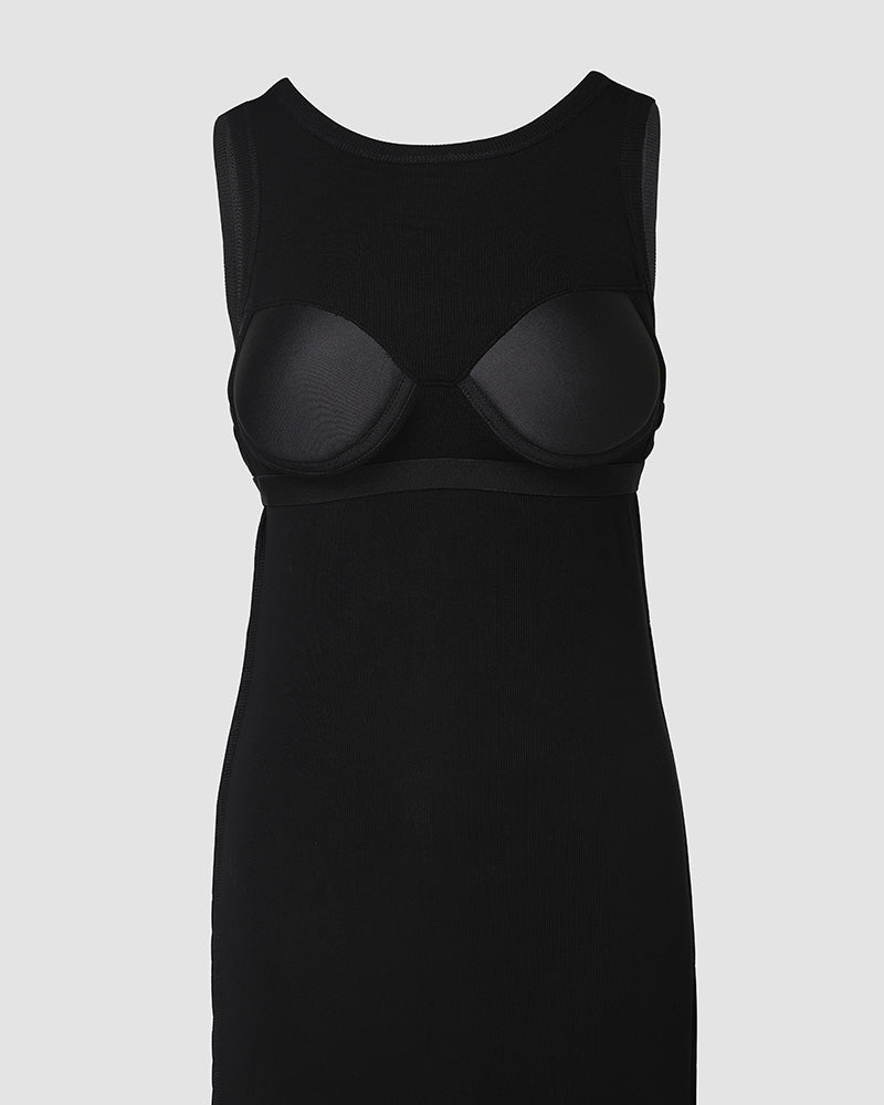 ChicMe ShapeSculpt Shapewear Built in Bra Tank Bodycon Dress Sleeveless Crew Neck Slim Casual Ribbed Mid calf Dress