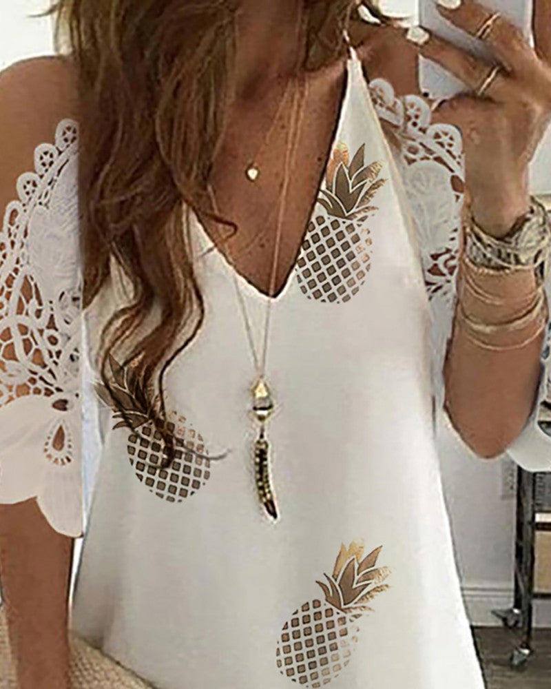 Pineapple Print Cold Shoulder Lace Dress