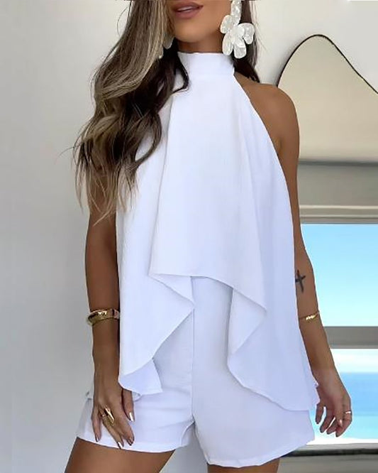 2 Pieces Outfit Halter Neck Sleeveless Tank and Casual Flowy Strechy Waist Shorts Set