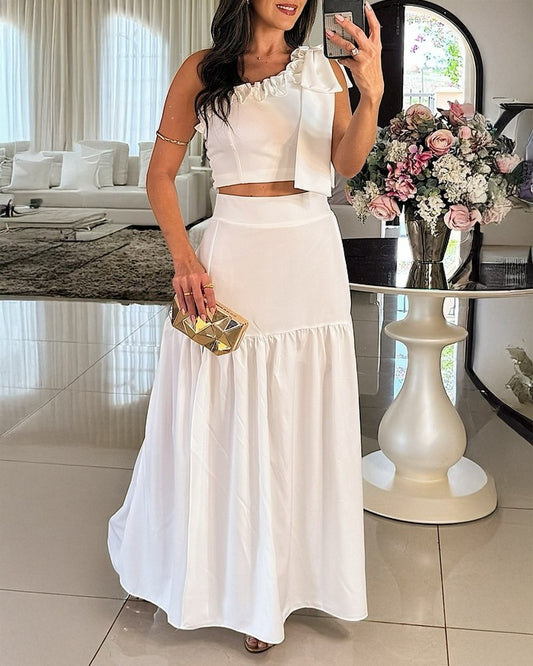 One Shoulder Shirred Crop Top with Ruffle Slit Skirt Set