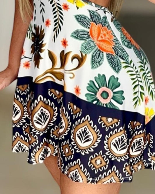 Tribal Print Halter Sleeveless Mini Dress Casual Hollow out A Line Holiday Dress