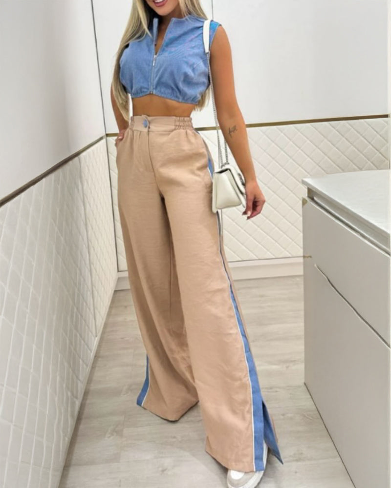 2 Pieces Outfit Zipper Front Sleeveless Denim Crop Top and Casual Side Striped Print Slit Pants Set