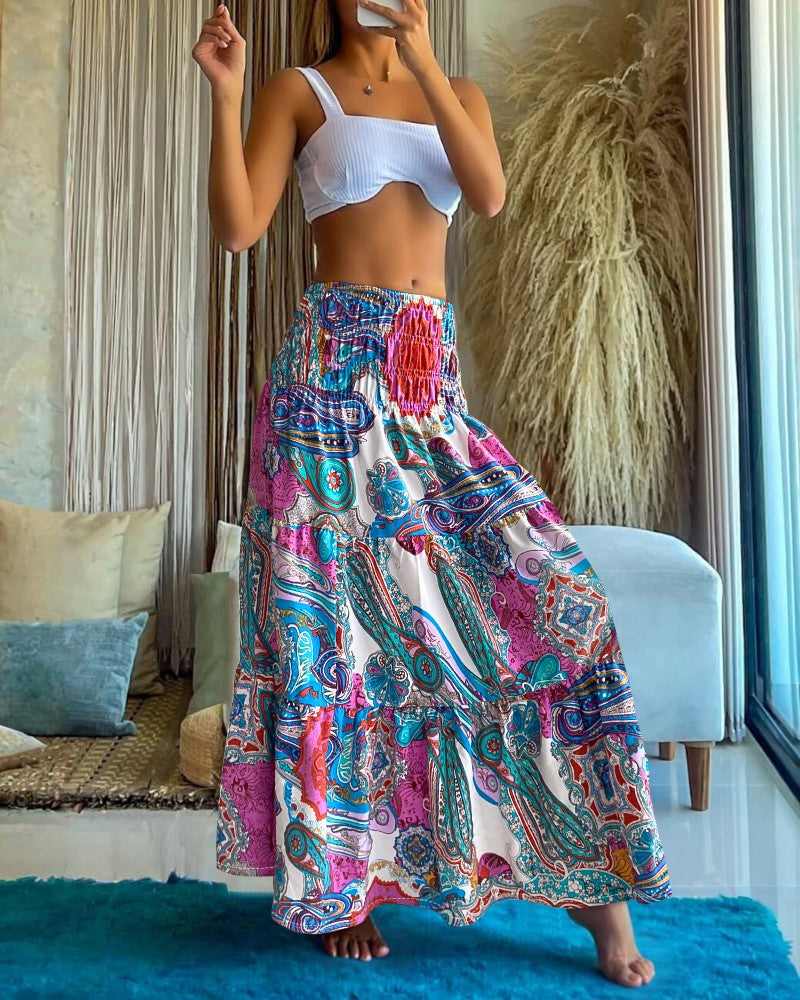 Tribal Print Long Pleated Skirts Flowy High Waist A Line Maxi Skirts