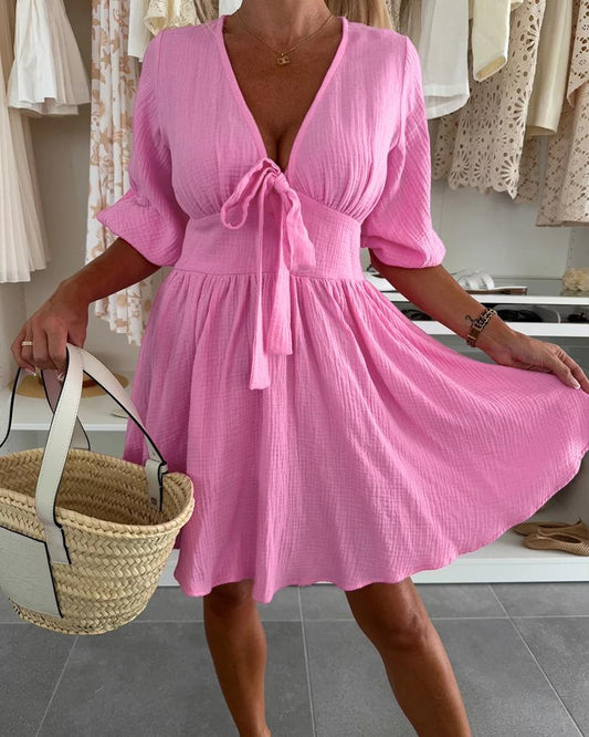 Plunge V Neck Bowknot Lantern Sleeve Mini Dress Casual Waist A Line Flared Dress