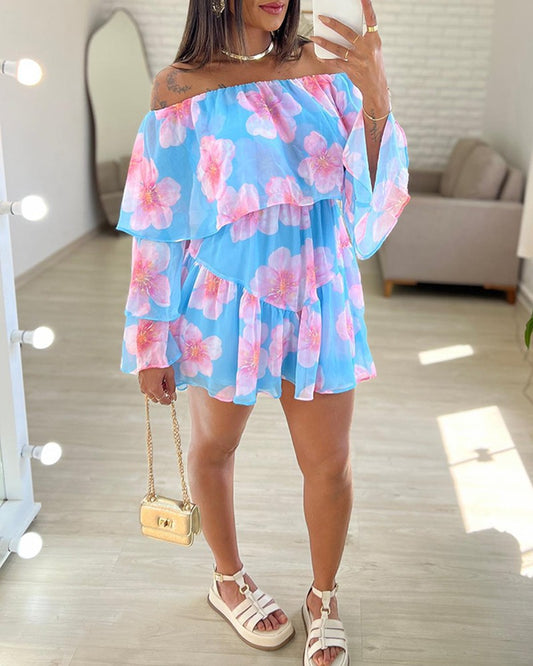 Floral Print Off the Shoulder Ruffles Mini Dress Casual Long Sleeve A Line Flowy Dress