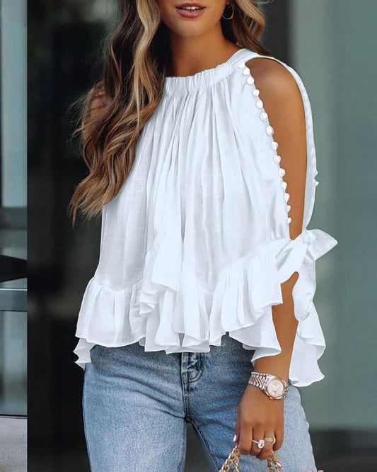 Ruffle Hem Beaded Decor Split Sleeve Top