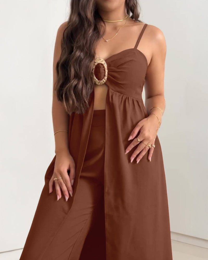 2 Pieces Outfit V Neck Sleeveless Shirred Metal Ring Decor Top and Casual High Waist Wide Leg Pants Set