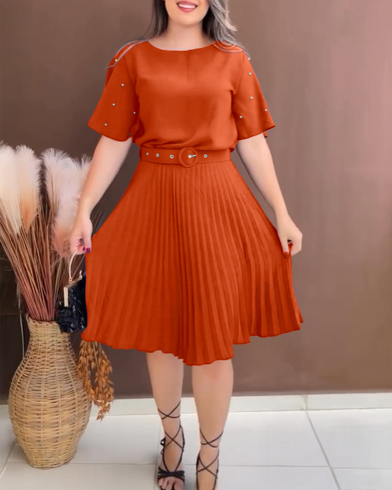 Pearl Decor Short Sleeve Ruched Waist Pleated Dress with Belt