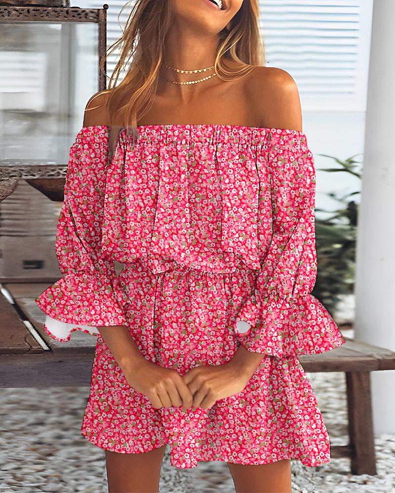 Pink Ditsy Floral Print Off Shoulder Casual Dress