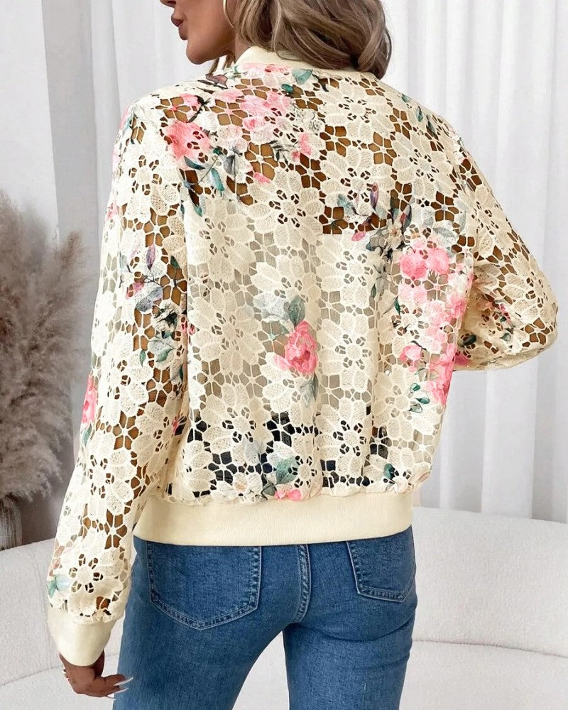 Floral Print Baseball Collar Zip Up Water Soluble Lace Coat Casual Hollow out Bomber Jacket
