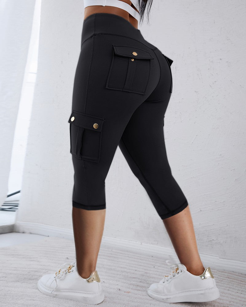 Butt Lifting Biker Capris Leggings High Waist Flap Pocket Workout Capris Gym Pants