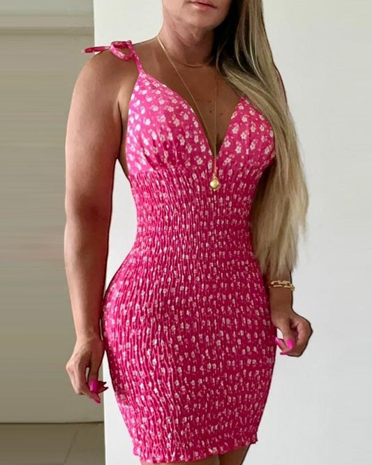 Floral Print Plunge V Neck Spaghetti Strap Dress Sexy Shirred Lace Up Mini Dress