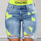 Colorblock Letter Print Ripped 2 In 1 Denim Shorts