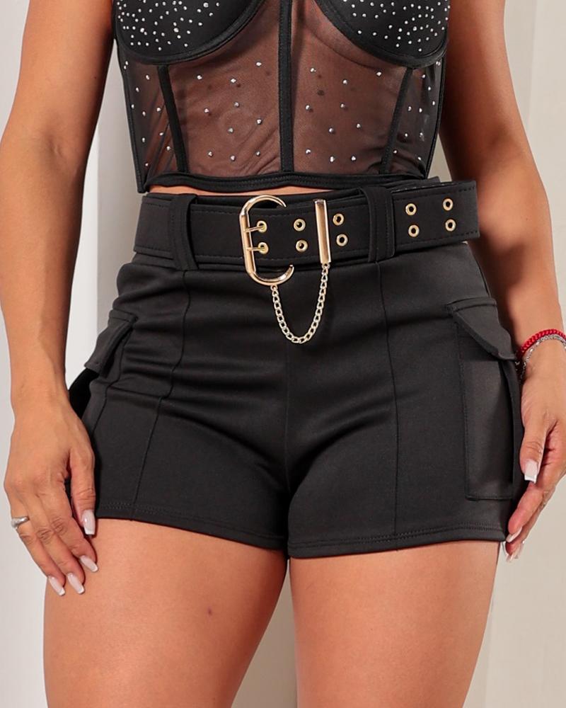 High Waist Pocket Design Cargo Shorts Casual Belted Skinny Shorts