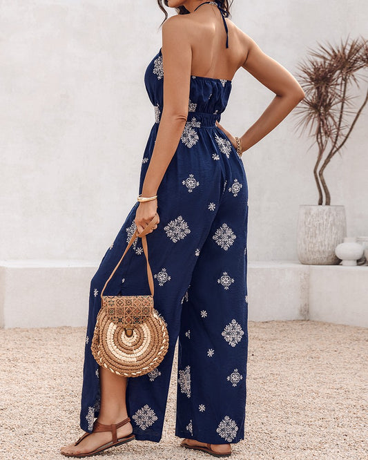 Graphic Print Halter Backless Side Slit Shirred Wide Leg Jumpsuit Vacation Overalls
