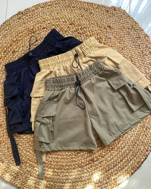 Pocket Design Drawstring Cargo Shorts Casual Strechy Waist Active Shorts