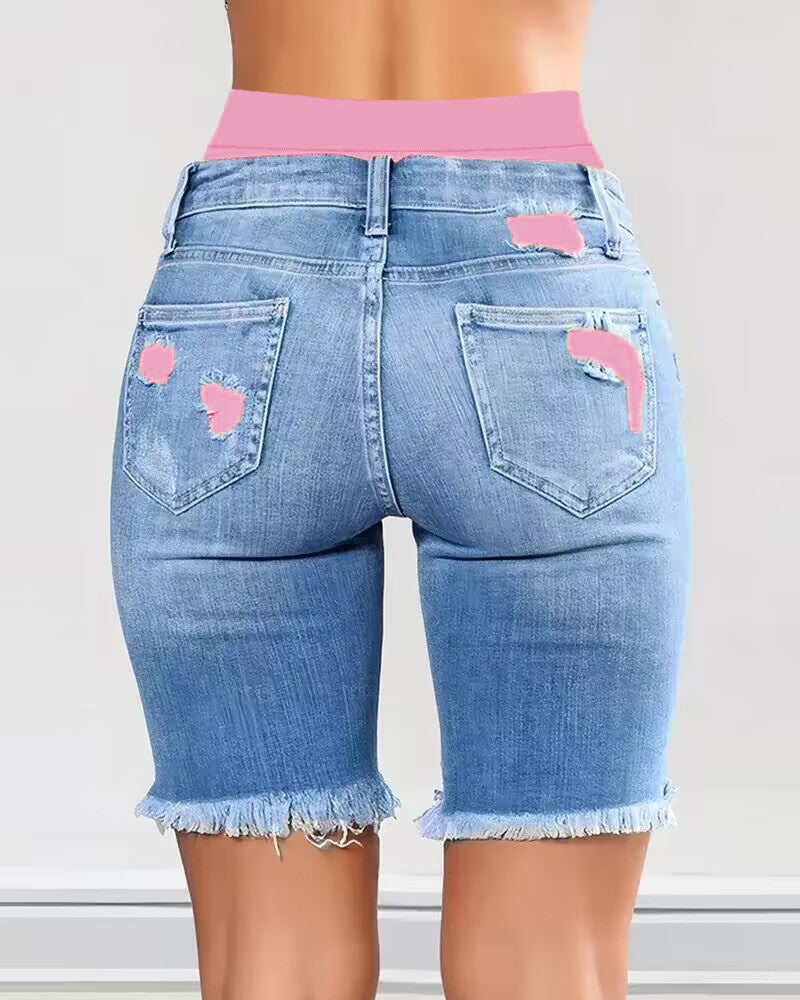 Colorblock Letter Print Ripped 2 In 1 Denim Shorts
