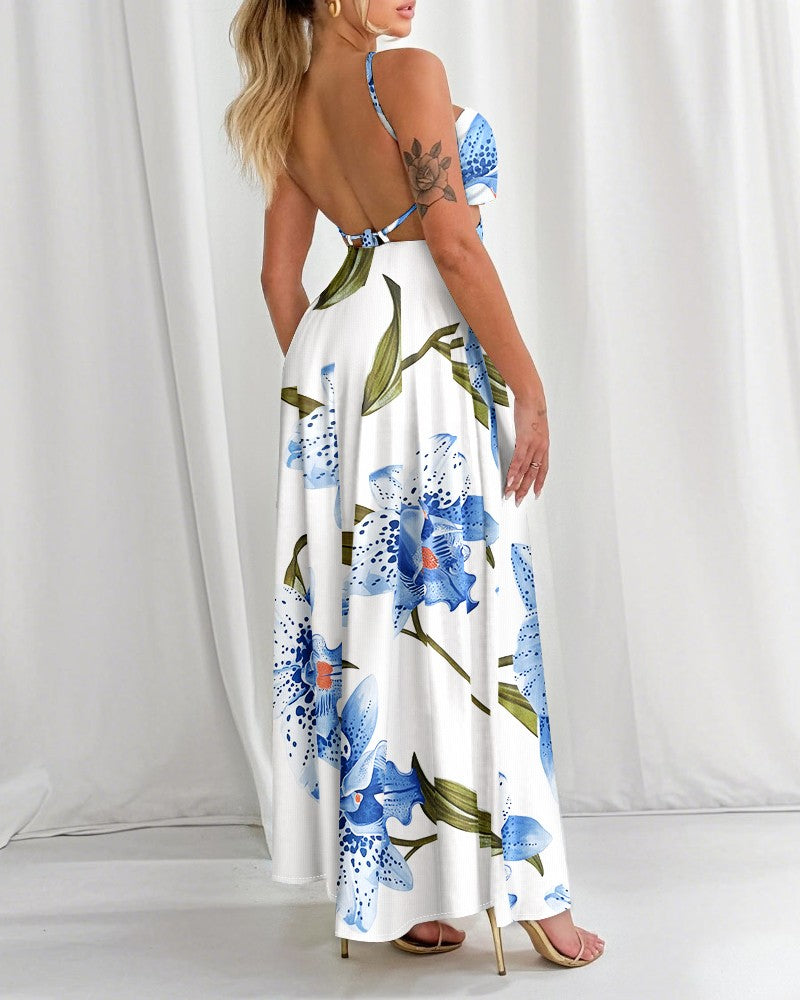 Floral Print Halter Sleeveless Waist Hollow Out Maxi Dress Sexy Backless A Line Dress