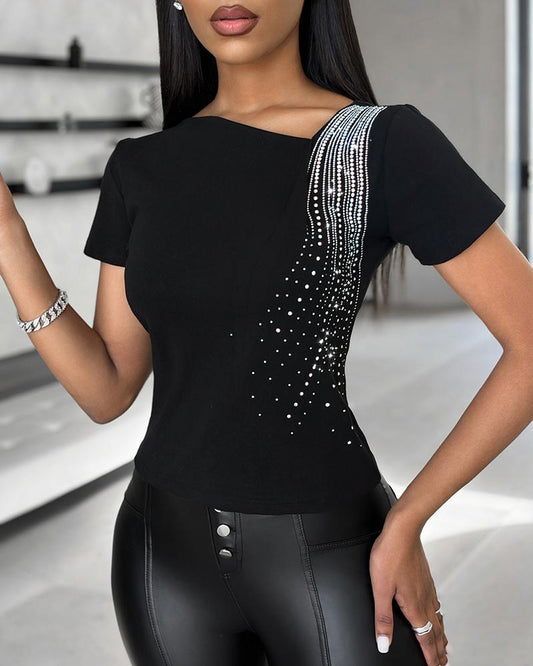 Rhinestone Decor Asymmetrical Neck T Shirt