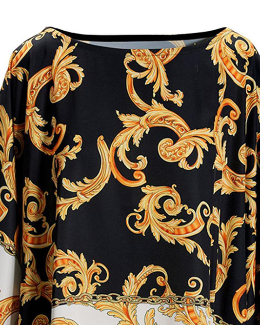 Colorblock Baroque Print Batwing Sleeve Top