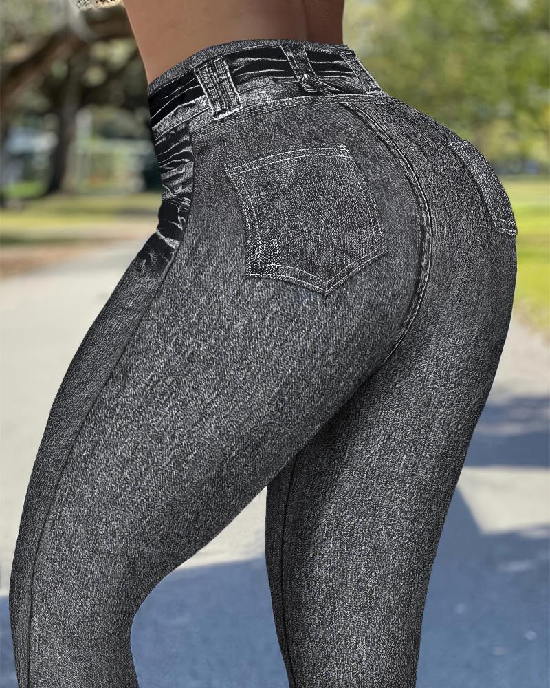 Denim Print High Waist Fake Jean Leggings Seamless Yoga Pants Butt Lifting Workout Trousers