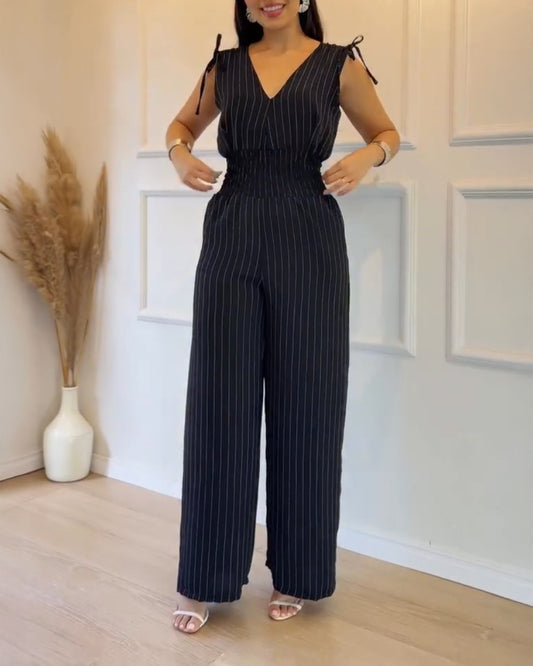 Striped V Neck Sleeveless Casual Tied Detail Shirred Cinch Jumpsuit