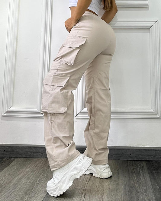 High Waist Side Cargo Pockets Straight Leg Pants Casual Loose Fiit Cargo Pants