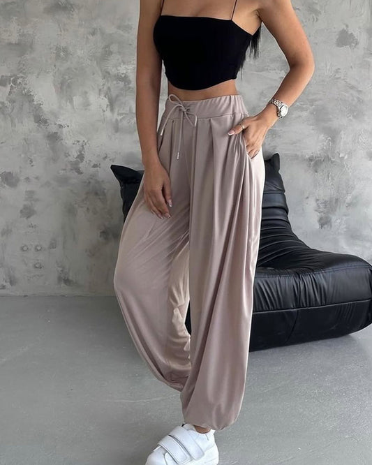 High Waist Elastic Dtrawstring Cuffed Pants Casual Loose Fit Ruched Pants