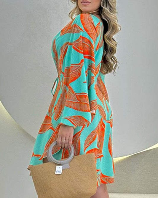 Tropical Print Tied Detail Batwing Sleeve Asymmetrical Hem Dress