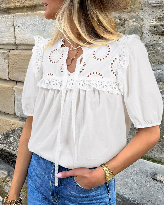 Notch Neck Puff Sleeve Embroidered Lace Drawstring Blouse
