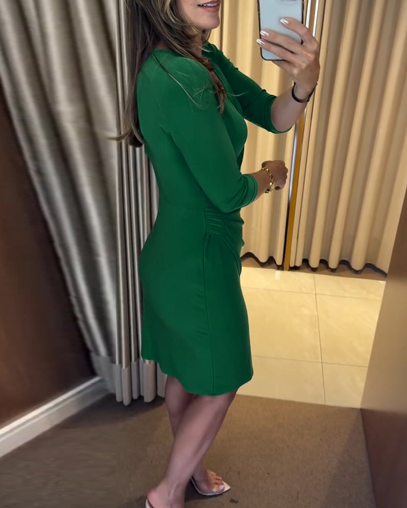 Criss Cross V Neck Half Sleeve Ruched Dress Casual Slim Fit Bodycon Midi Dress