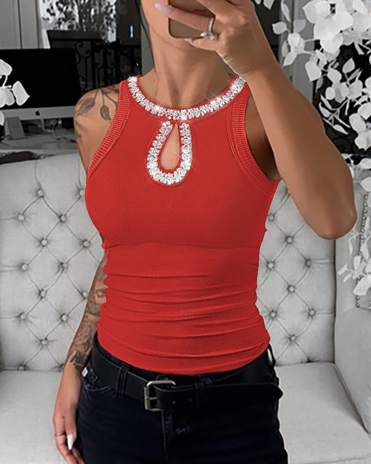 Rhinestone Contrast Sequin Keyhole Neck Sleeveless Slim Fit Elasticity Ribbed Top Elegant Tank