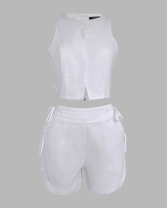 2 Pieces Summer Outfit Halter Sleeveless Hollow out Crop Tank and Casual Drastring Shorts Set