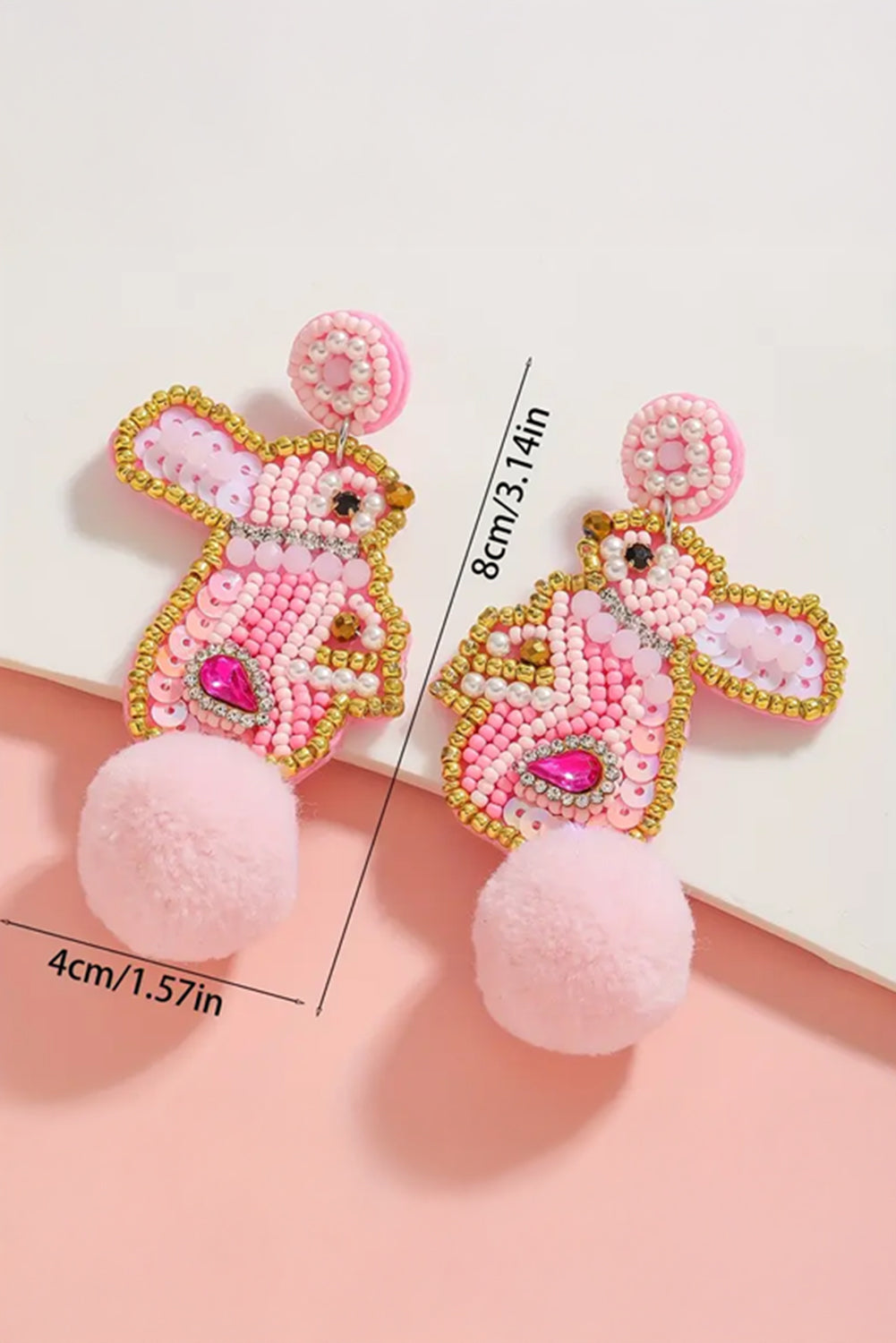 Pink Beaded Easter Bunny Fluff Stud Dangle Earrings